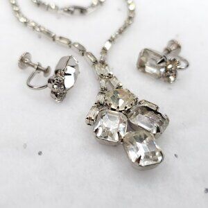 Rhinestone Y Necklace Earring Set Clear Silver Tone Screw Back Evening Prom
